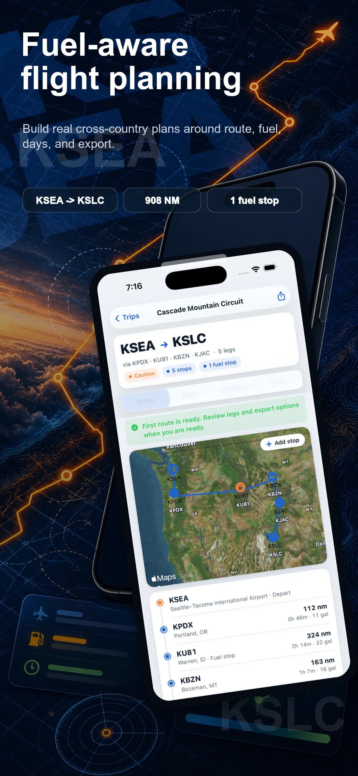 AeroTrail fuel-aware route map for a cross-country trip on iPhone
