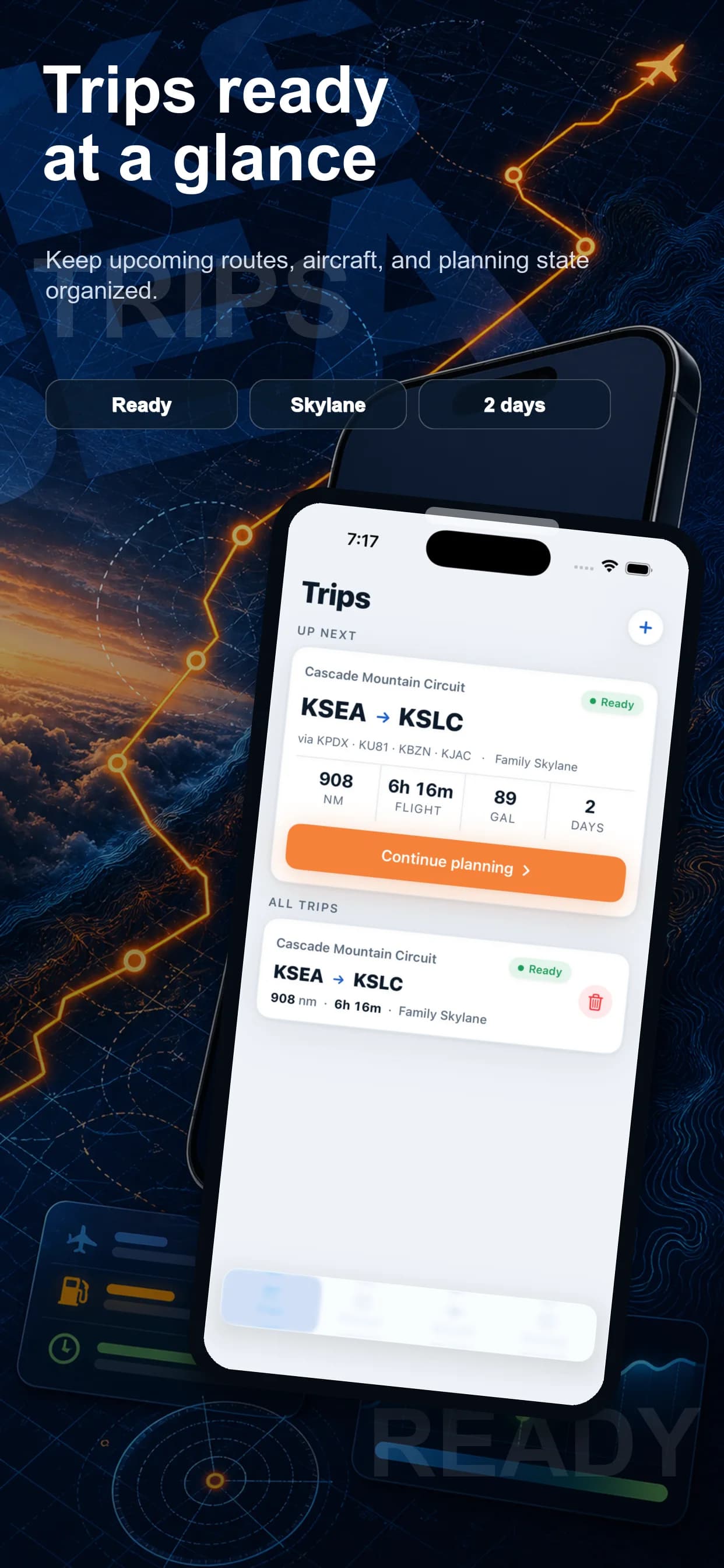 AeroTrail Trips screen with route, aircraft, and planning status on iPhone