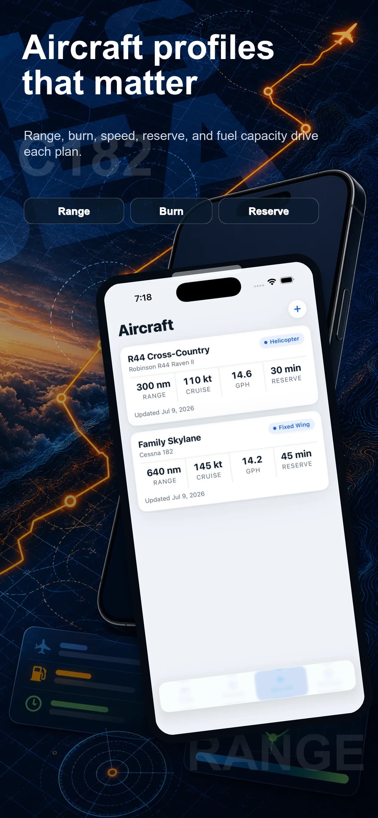 AeroTrail aircraft profiles with range, cruise speed, fuel burn, and reserve on iPhone